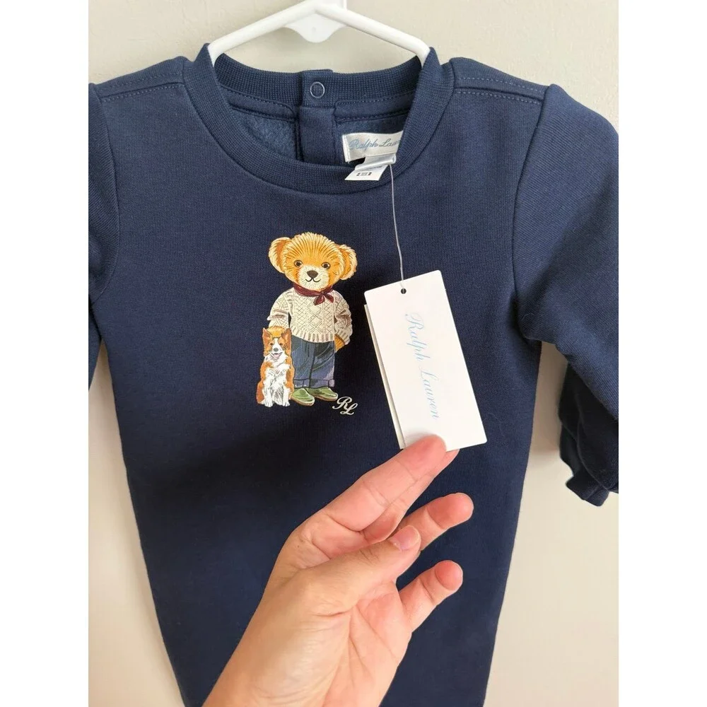 NWT Ralph Lauren Polo Bear 9mo Fleece Crewneck Coverall Navy
